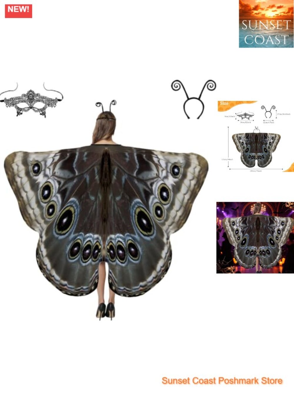 Halloween Moth Butterfly Wings Cape Chiffon Costume Set Women